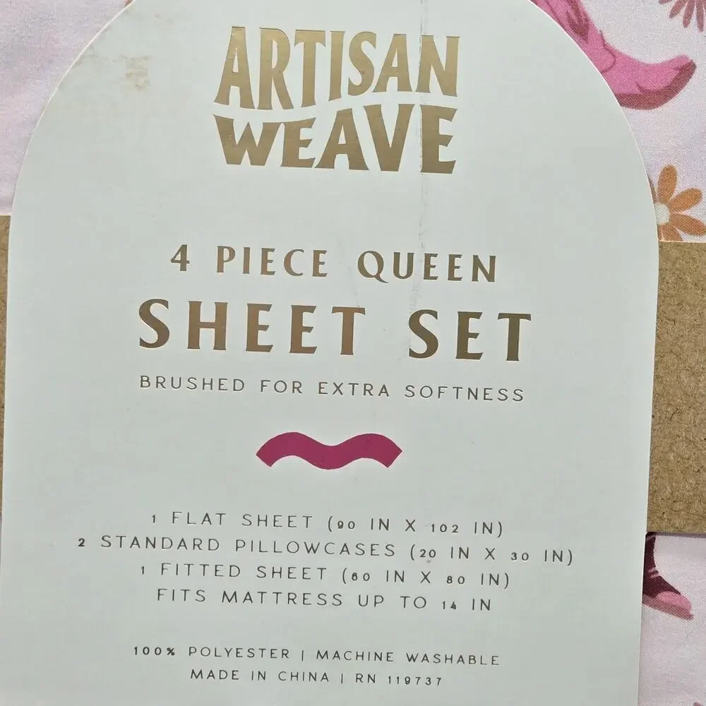 Pink Western Cowboy Boots & Flowers Artisan Weave QUEEN 4 Piece Bedding Set NEW